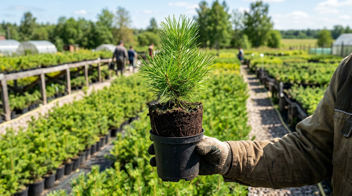 Рука держит саженец сосны в контейнере, плотный земляной ком и сочная зелёная хвоя, питомник, дневной свет