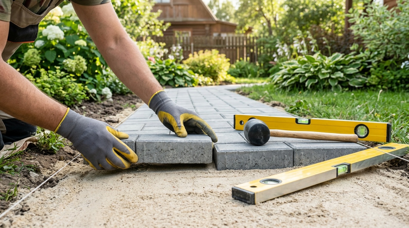 руки в строительных перчатках укладывают серую вибропрессованную тротуарную плитку на песчаную подушку, рядом лежит резиновый молоток и строительный уровень — летний день, садовый участок