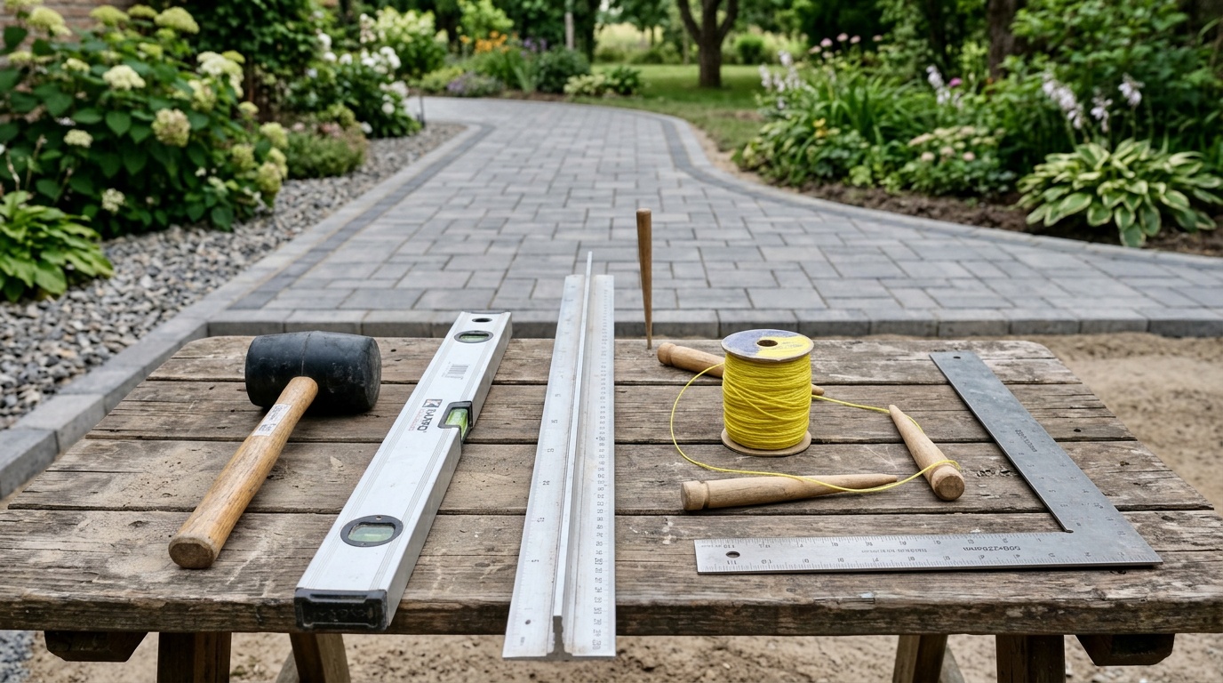 набор инструментов для укладки тротуарной плитки, разложенных на деревянном столе: резиновый молоток, строительный уровень, правило, колышки со шнуром, угольник — крупный план на фоне готовой плиточной дорожки