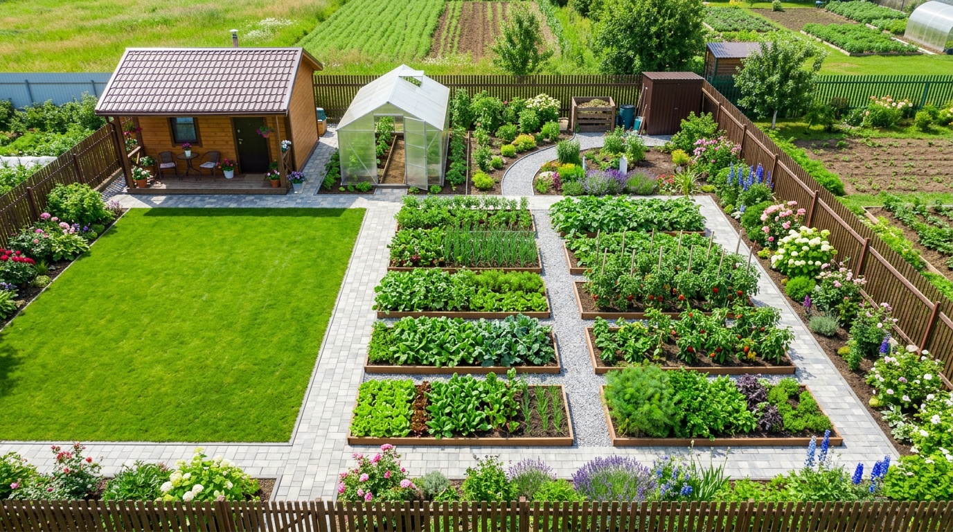 ухоженный участок после благоустройства — ровные грядки, здоровые растения, аккуратные дорожки, вид сверху в летний день
