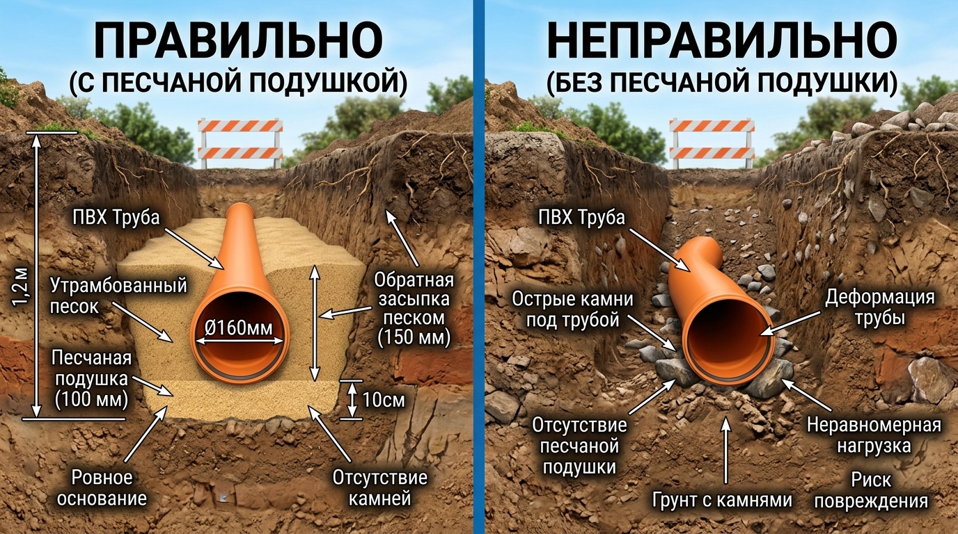 наглядное сравнение — правильно и неправильно уложенная труба в траншее, слева с подушкой из песка, справа без