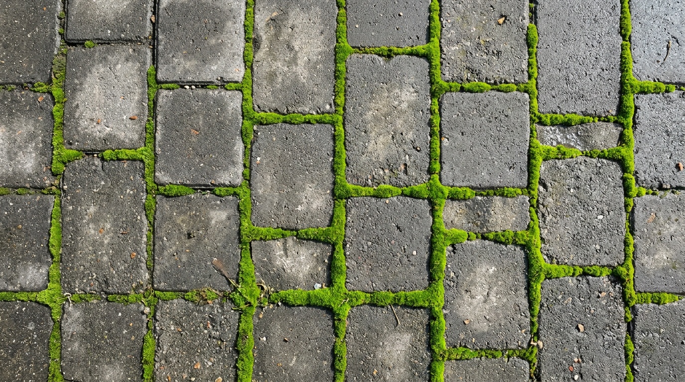 Серая тротуарная плитка с ярко-зелёным мхом в швах, вид сверху, контрастное дневное освещение