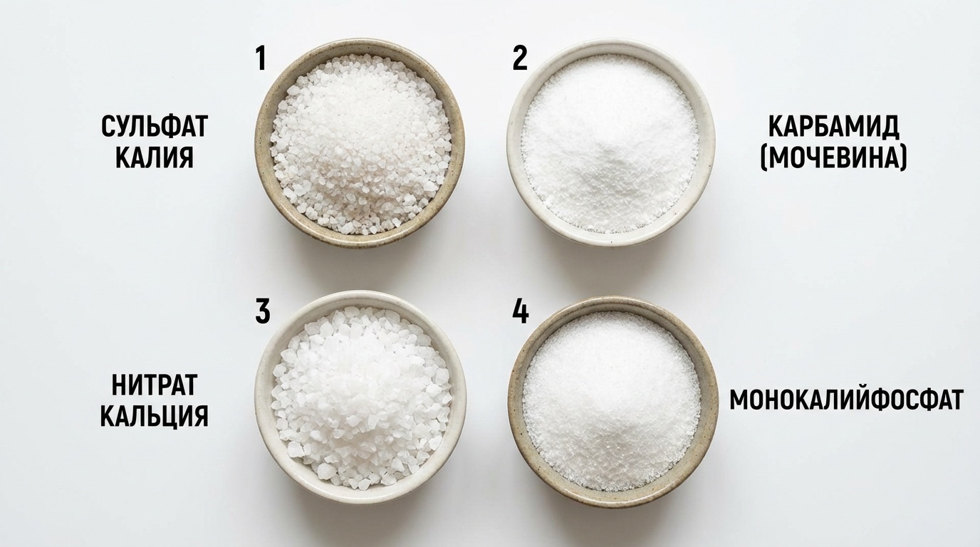четыре вида удобрений в небольших мисках — белые кристаллы разной текстуры, подписи, вид сверху, чистый белый фон