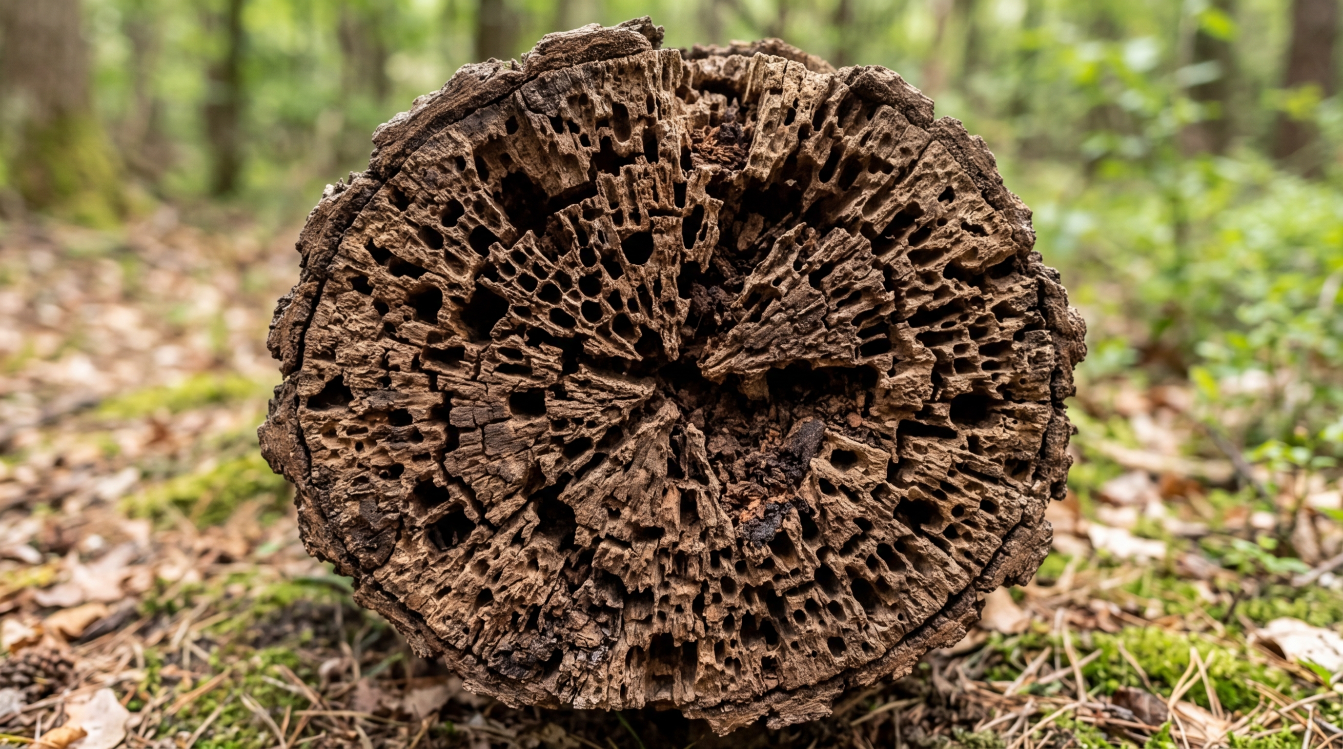 разрез старого пня с хорошо видимой пористой рыхлой структурой после химической обработки, крупный план, натуральное освещение