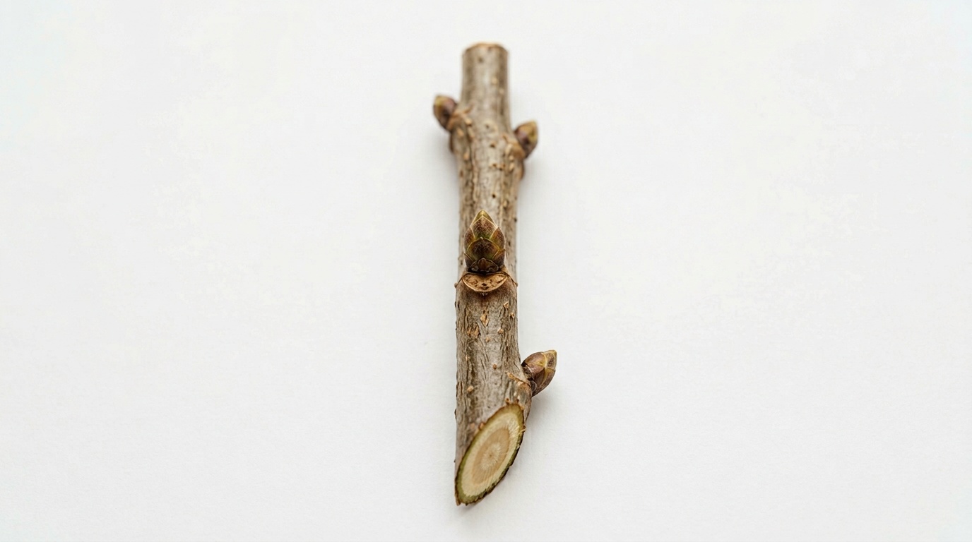 Крупный план черенка чёрной смородины на белом фоне: сверху — прямой срез, снизу — косой под углом 45°, видны три почки, макросъёмка