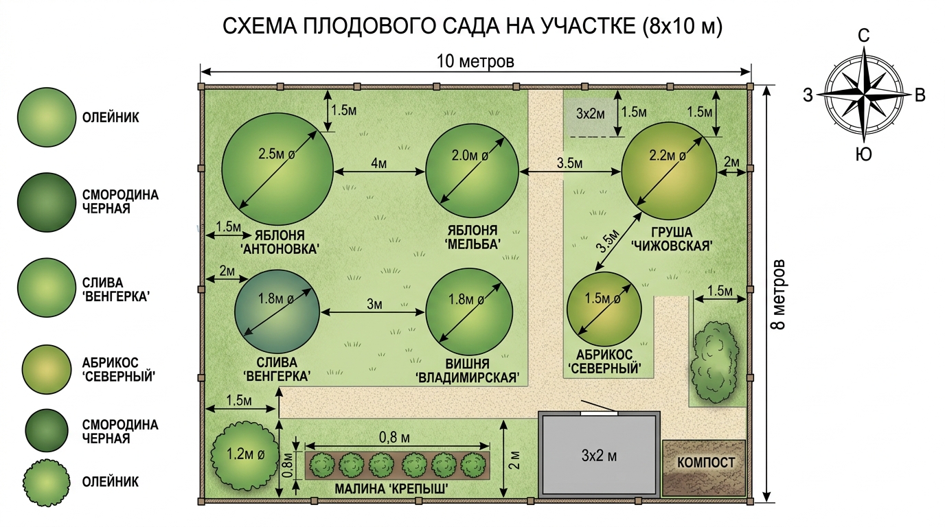 схема плодового сада на участке 8×10 метров — вид сверху, деревья расставлены кружками разного размера с подписями культур и стрелками расстояний, компас в углу