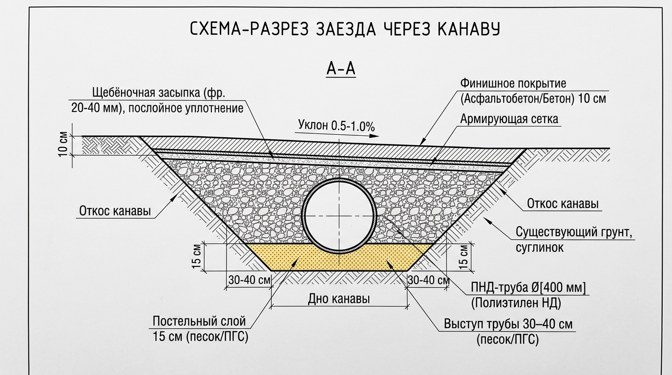 Схема-разрез заезда через канаву с обозначениями: дно канавы — постельный слой 15 см — ПНД-труба — щебёночная засыпка — финишное покрытие, уклон 0,5–1%, выступы трубы 30–40 см за откосы с обеих сторон