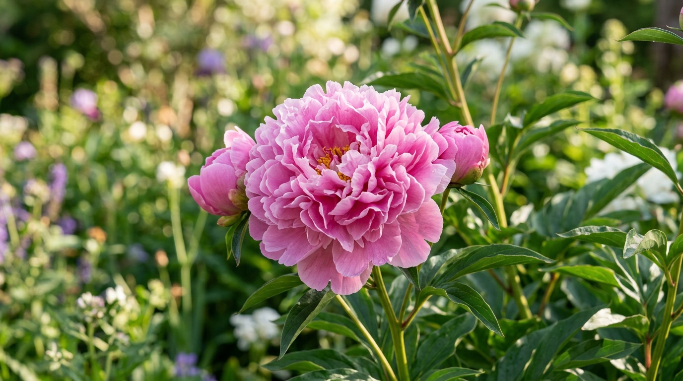 Крупный план травянистого пиона с пышными розовыми цветами в полном роспуске, тёмно-зелёные листья, солнечный летний сад, естественное мягкое освещение