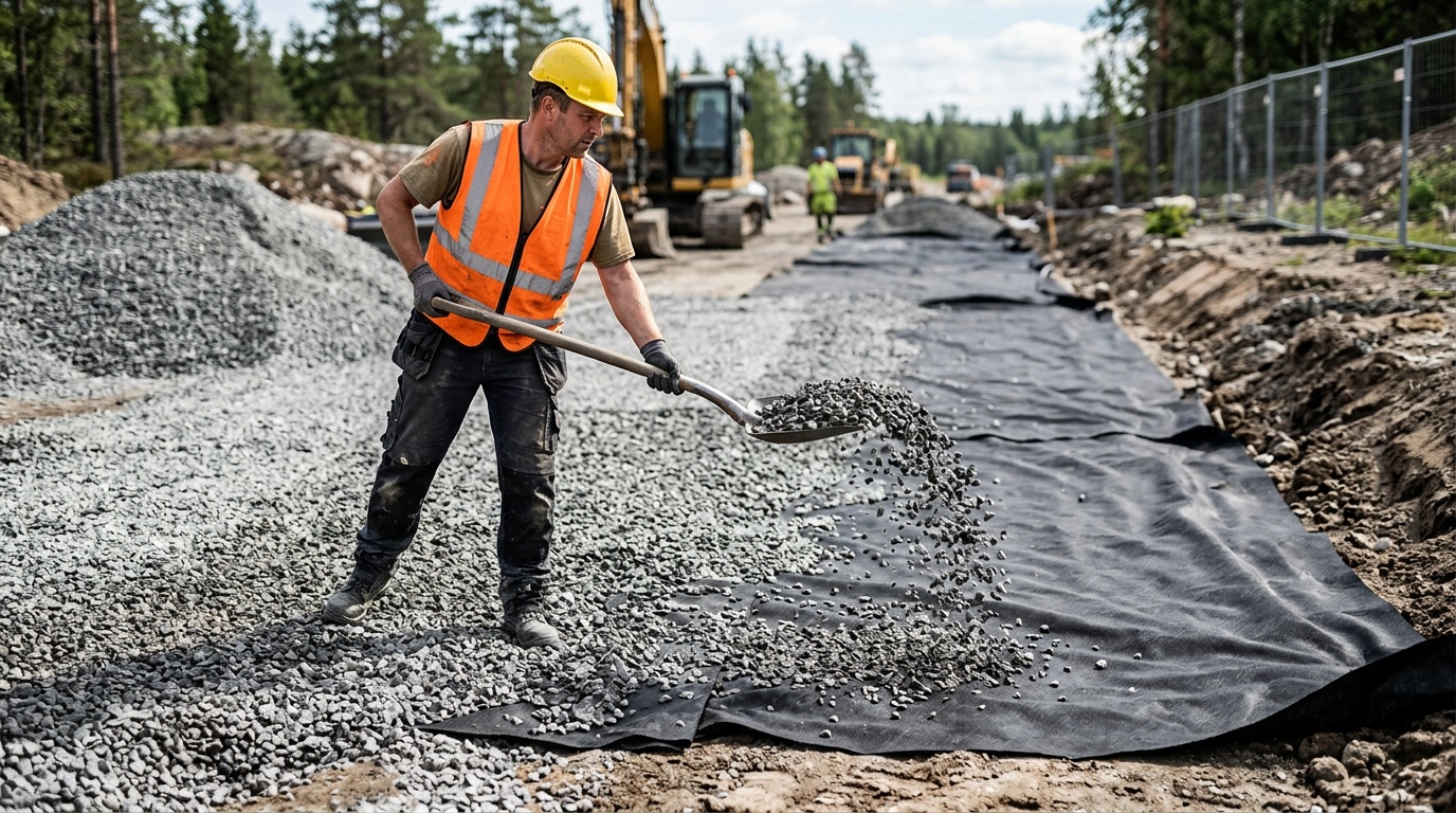 Процесс засыпки щебня на геотекстиль — рабочий распределяет щебень лопатой равномерным слоем