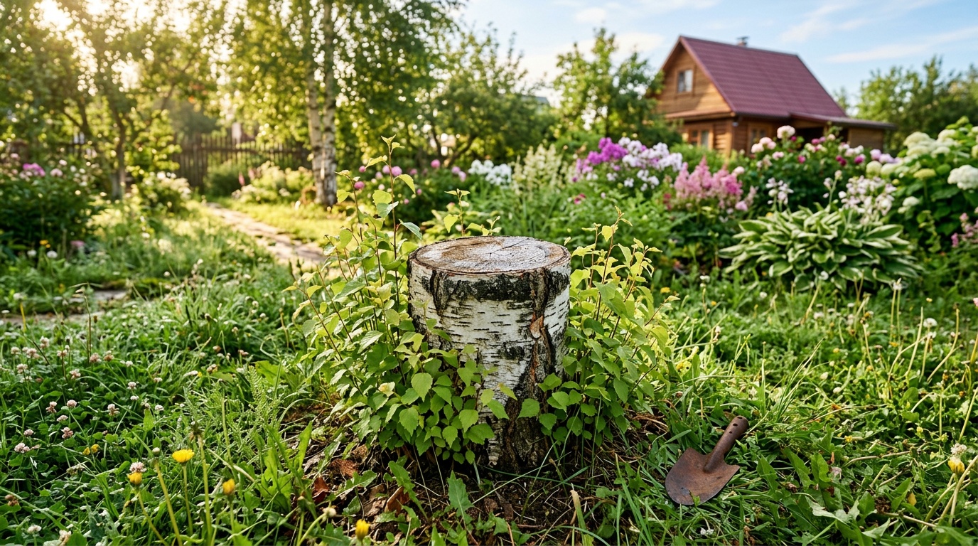 садовый участок, спиленный пень берёзы с молодой порослью вокруг основания, летнее утро, реалистичная фотография