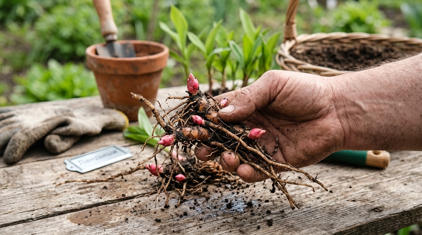 Руки садовника держат корневища ландышей с хорошо видимыми розовыми ростовыми почками, крупный план на деревянном столе в саду