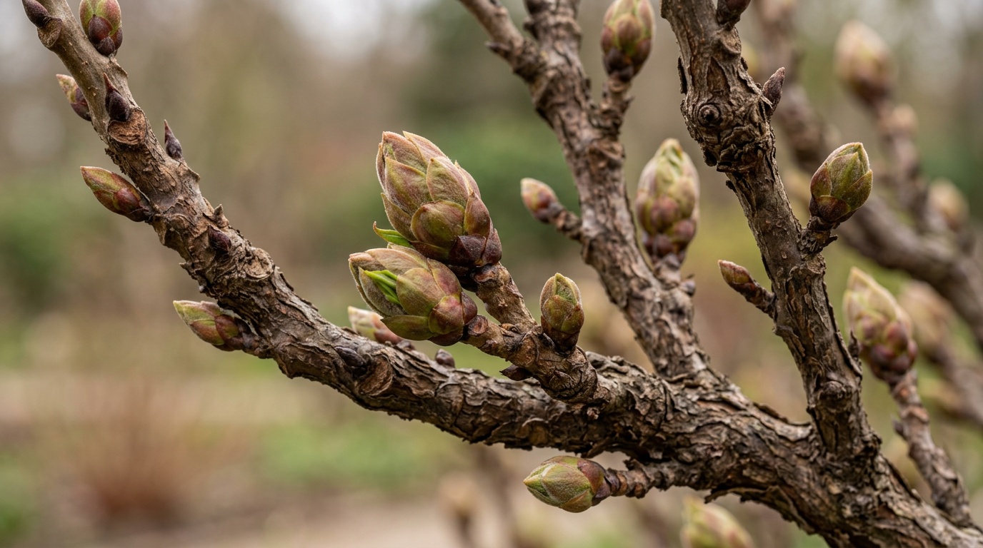 Древовидный пион с мощными одревесневшими коричневыми ветвями крупным планом, набухающие весенние почки на ветвях, нейтральный фон