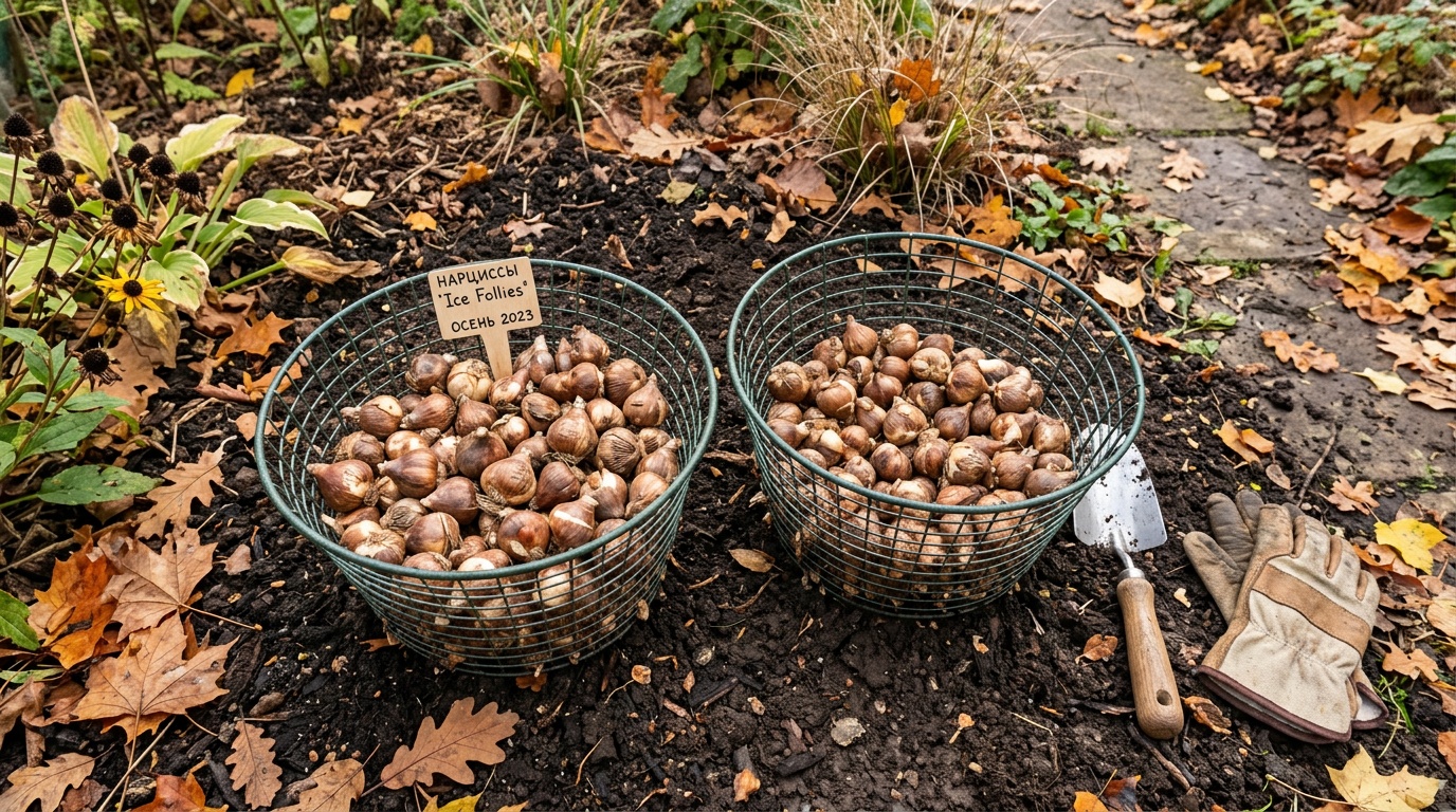 садовые сетчатые корзины с луковицами нарциссов, подготовленные к посадке в землю, осенний сад, вид сверху
