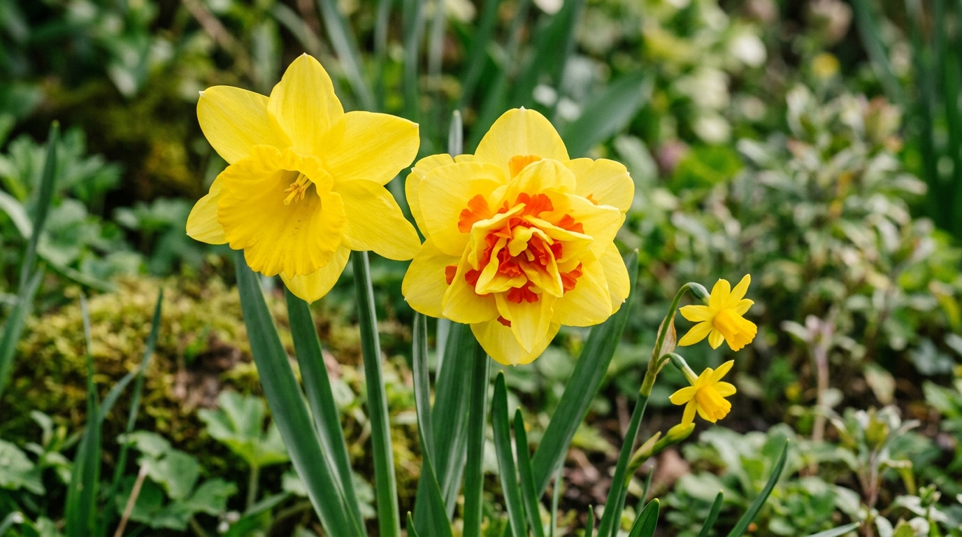 три вида нарциссов рядом — трубчатый, махровый, миниатюрный, крупный план цветков, мягкий дневной свет, ботанический стиль