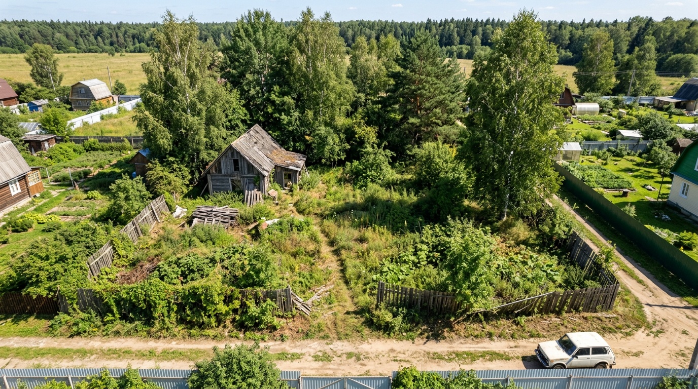 участок под Москвой до начала строительства — вид сверху, заросший участок 10 соток с остатками старого забора и ветхим сараем, солнечный день, реалистичная съёмка