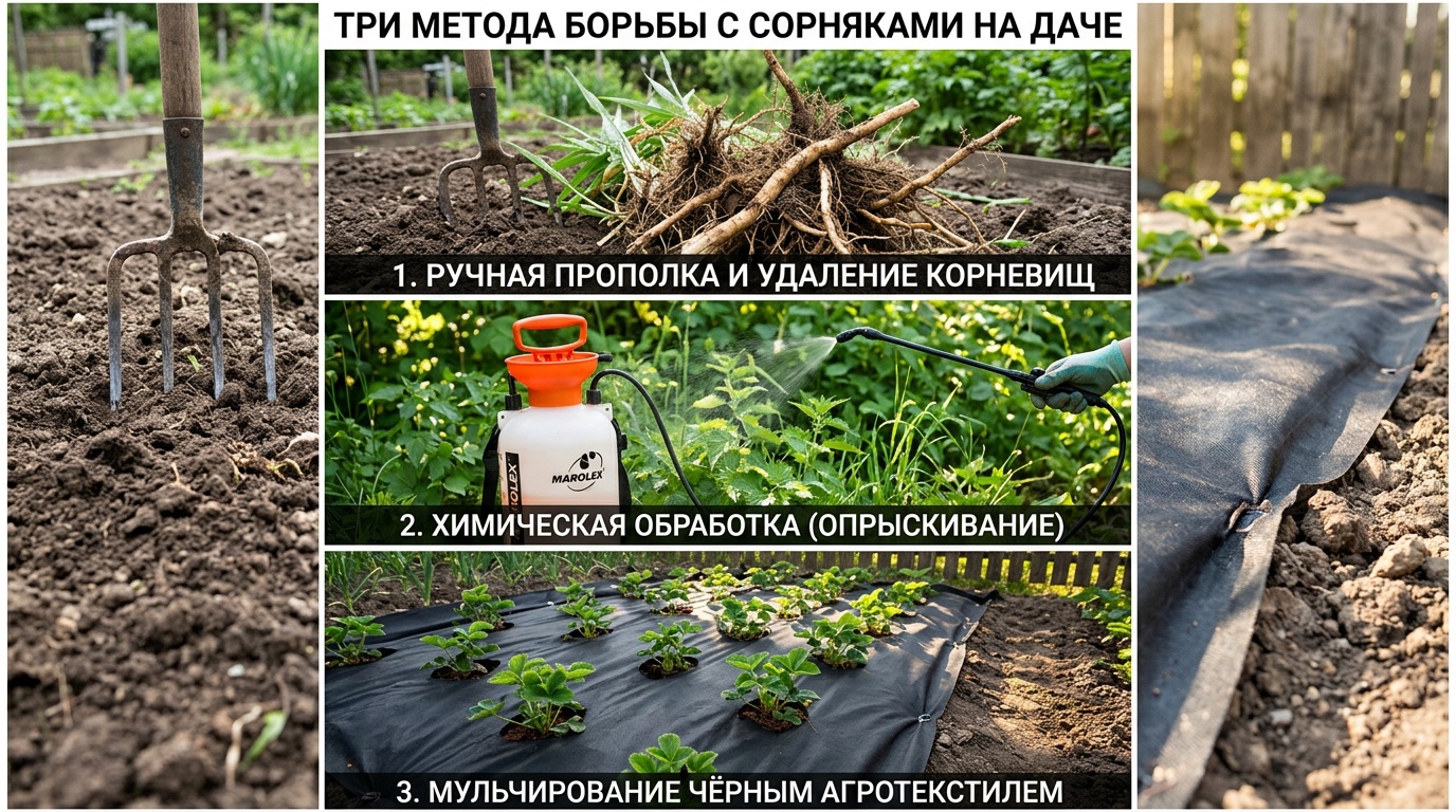 Коллаж из трёх кадров: вилы рядом с вытащенными корневищами, ручной опрыскиватель на фоне зелёных листьев, чёрный агротекстиль на участке — три метода в одном кадре