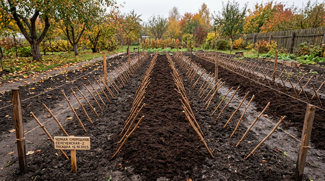 Черенки чёрной смородины посажены ровными рядами под углом 45°, грядка-школка, осень, мульча из тёмного торфа между рядами, сад