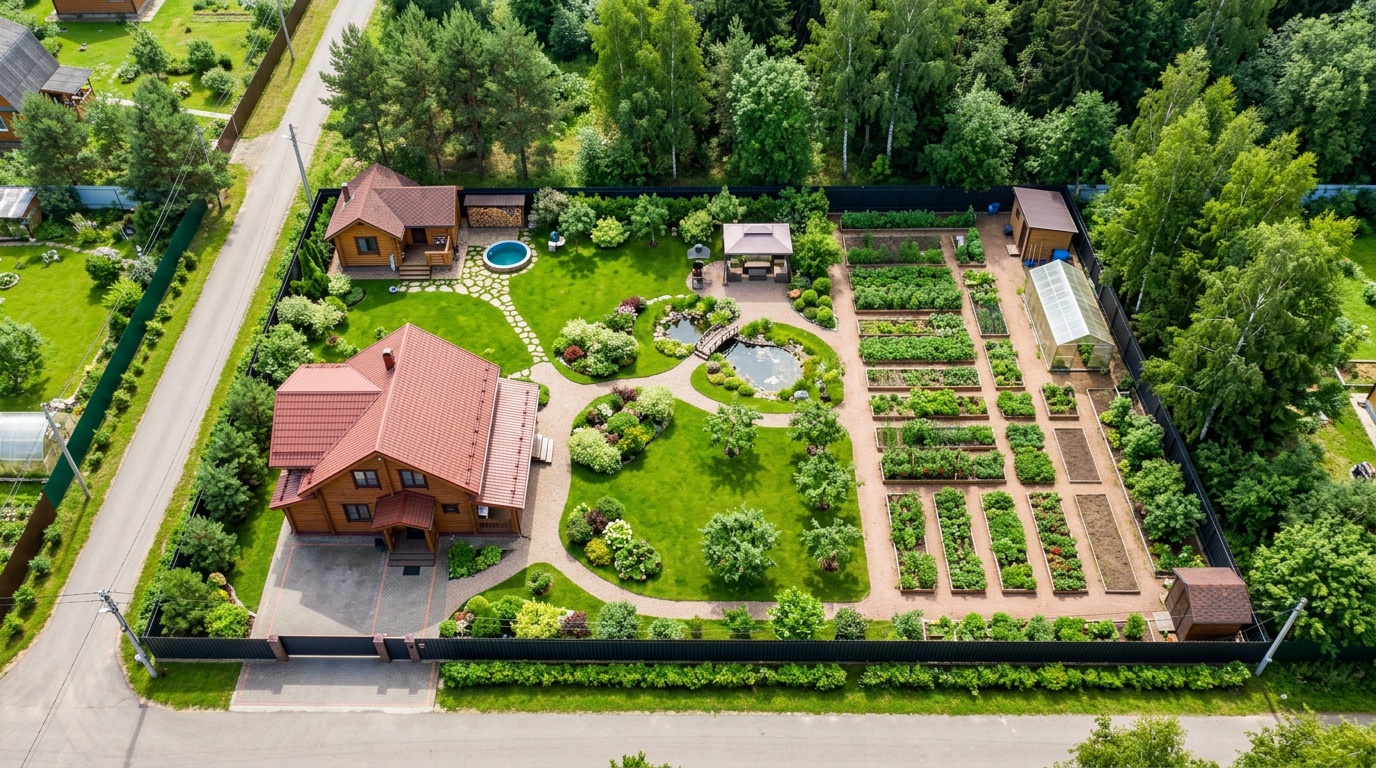вид сверху на ухоженный участок 12 соток с домом, баней, садом и огородом, летний день, аэросъёмка, чёткое зонирование