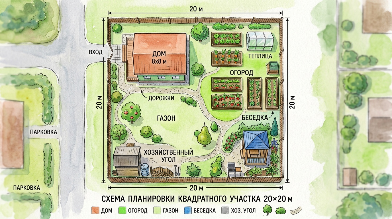 Схема планировки квадратного участка 20×20 м — вид сверху в акварельном стиле, обозначены цветом зоны: дом, огород, газон, беседка, хозяйственный угол