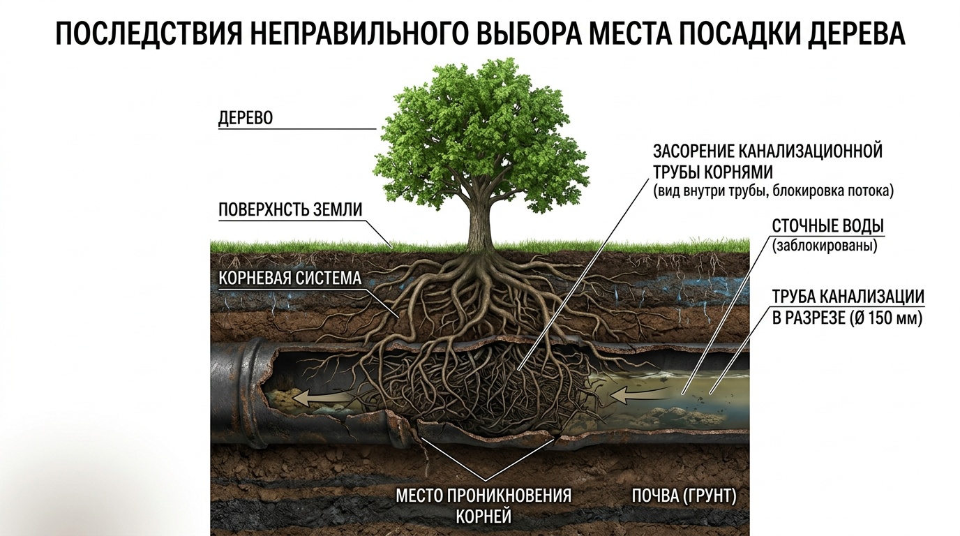 Корни дерева, проросшие сквозь трубу канализации — поперечный разрез, наглядная иллюстрация последствий неправильного выбора места посадки