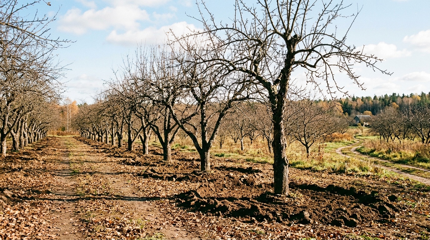 ряд яблонь в осеннем саду после листопада, голые ветви, приствольные круги перекопаны, солнечный день