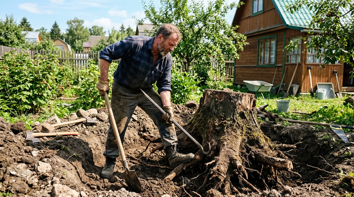 мужчина с лопатой и ломом обкапывает крупный пень дерева на дачном участке, солнечный день, реалистичная фотография