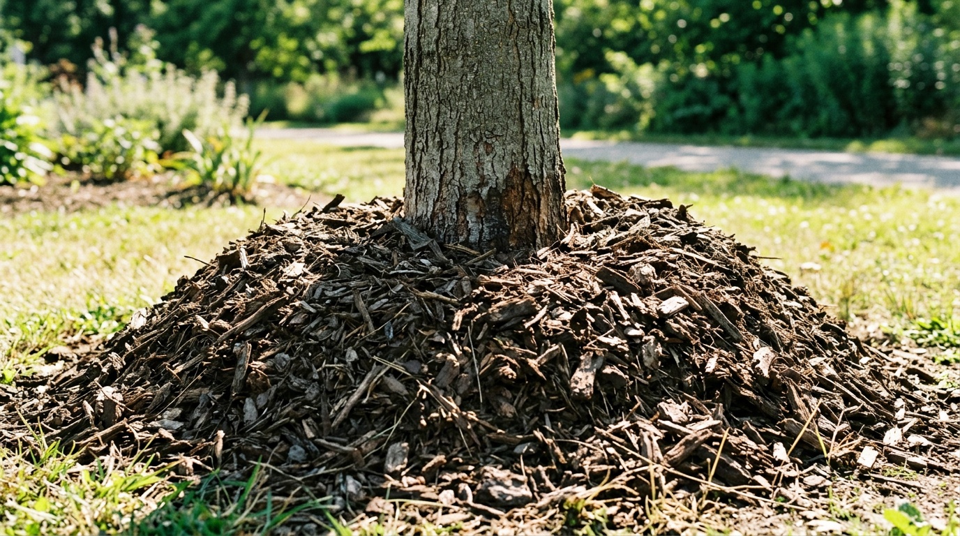 пример "вулкана" из мульчи у ствола дерева — неправильный способ мульчирования, крупный план, контрастное дневное освещение