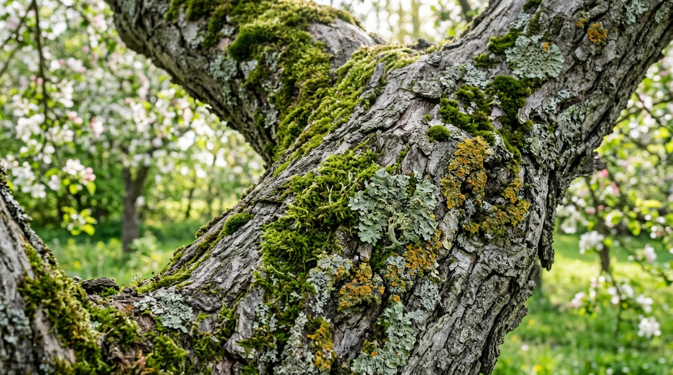ствол старой яблони с мхом и лишайником крупным планом, весенний сад, серая шероховатая кора с зелёными наростами