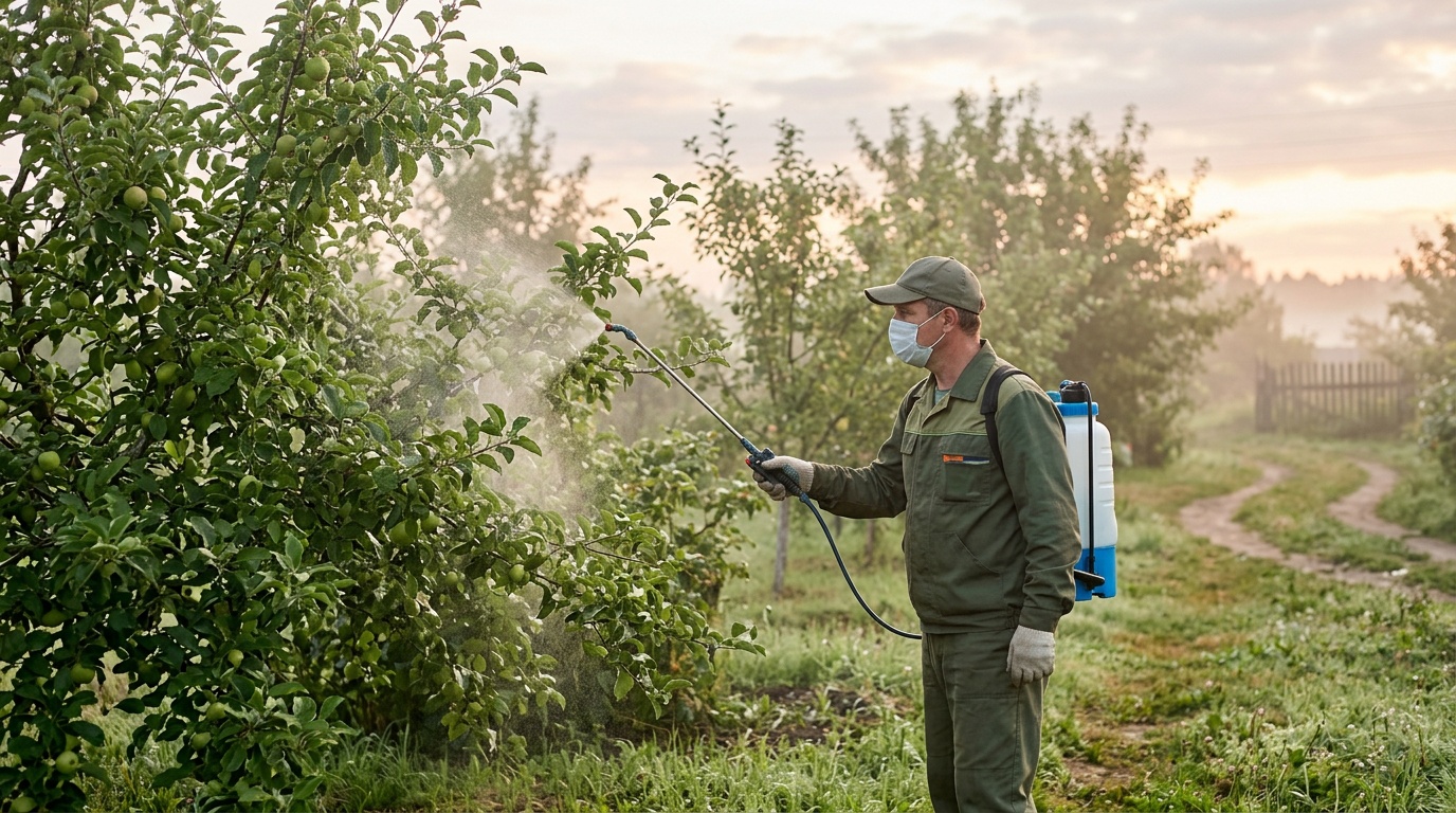 садовник опрыскивает плодовое дерево из ручного опрыскивателя ранним утром, мелкодисперсное распыление, зелёные листья, мягкий свет