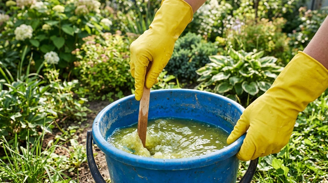 Процесс разведения железного купороса в синем пластиковом ведре, крупный план рук в жёлтых перчатках, светлый садовый фон