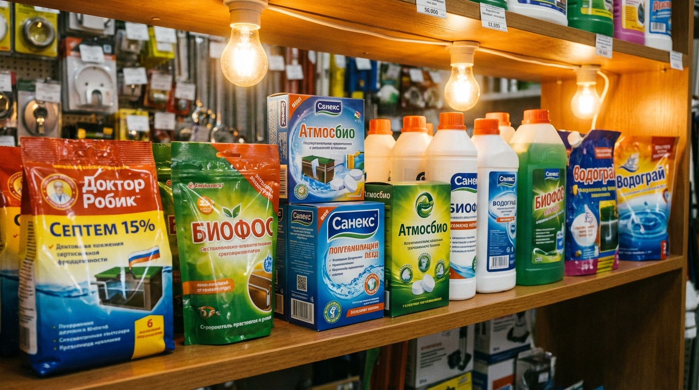 Полка в строительном магазине с препаратами для септиков — разные бренды в ярких упаковках, крупный план, тёплый свет