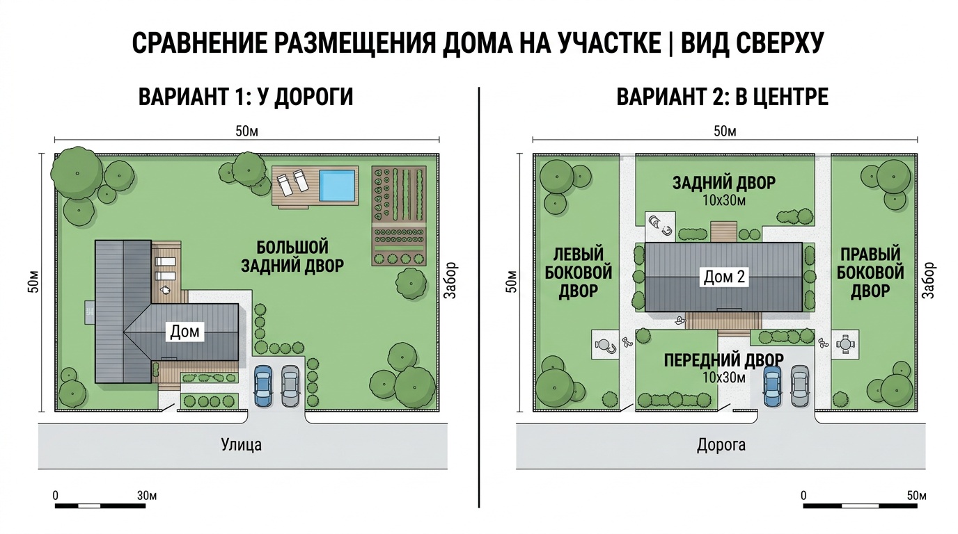 два варианта размещения дома на прямоугольном участке вид сверху — слева дом у дороги с большим задним двором, справа дом в центре с раздроблённым пространством; схема сравнения, минималистичный графический стиль