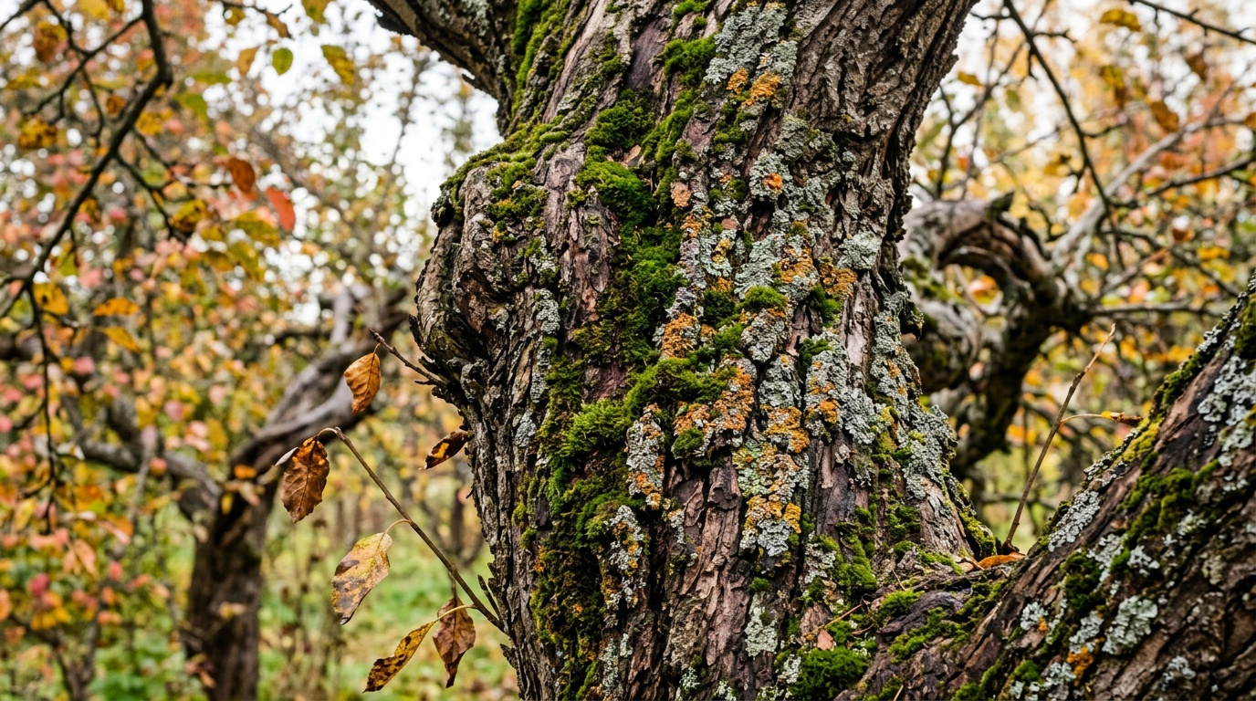 старая яблоня со мхом и лишайниками на коре, осень, крупный план ствола