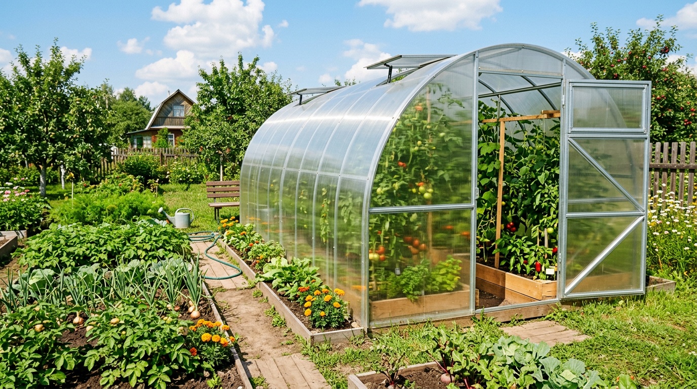 теплица из поликарбоната на солнечном участке рядом с огородными грядками, зелёные растения внутри видны через прозрачные стенки, летний день