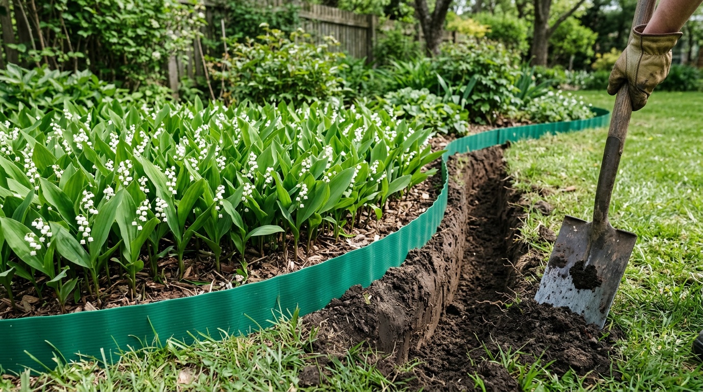 Бордюрная лента из пластика, вкопанная по периметру участка с ландышами, рядом виден лопаточный разрез земли, показывающий глубину установки