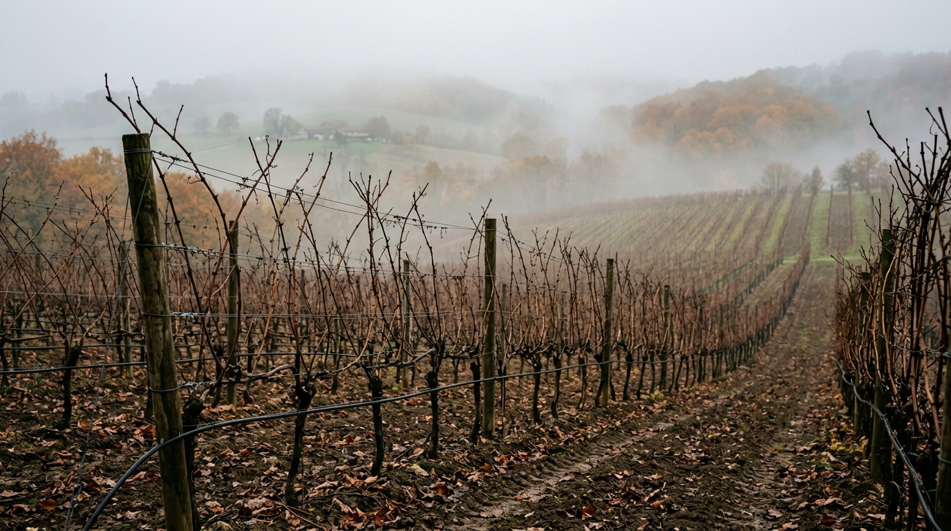 виноградник осенью, лозы без листьев подготовлены к укрытию, осенний туман на заднем плане