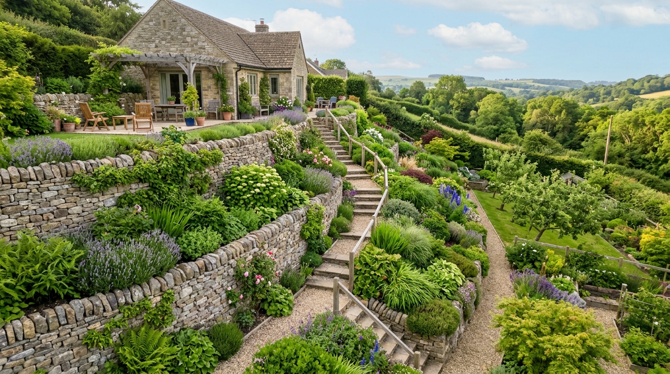 аккуратные террасы на склоне частного ухоженного участка, подпорные стенки из природного камня, каскадные посадки зелёных растений, мягкий летний свет, перспектива сверху вниз