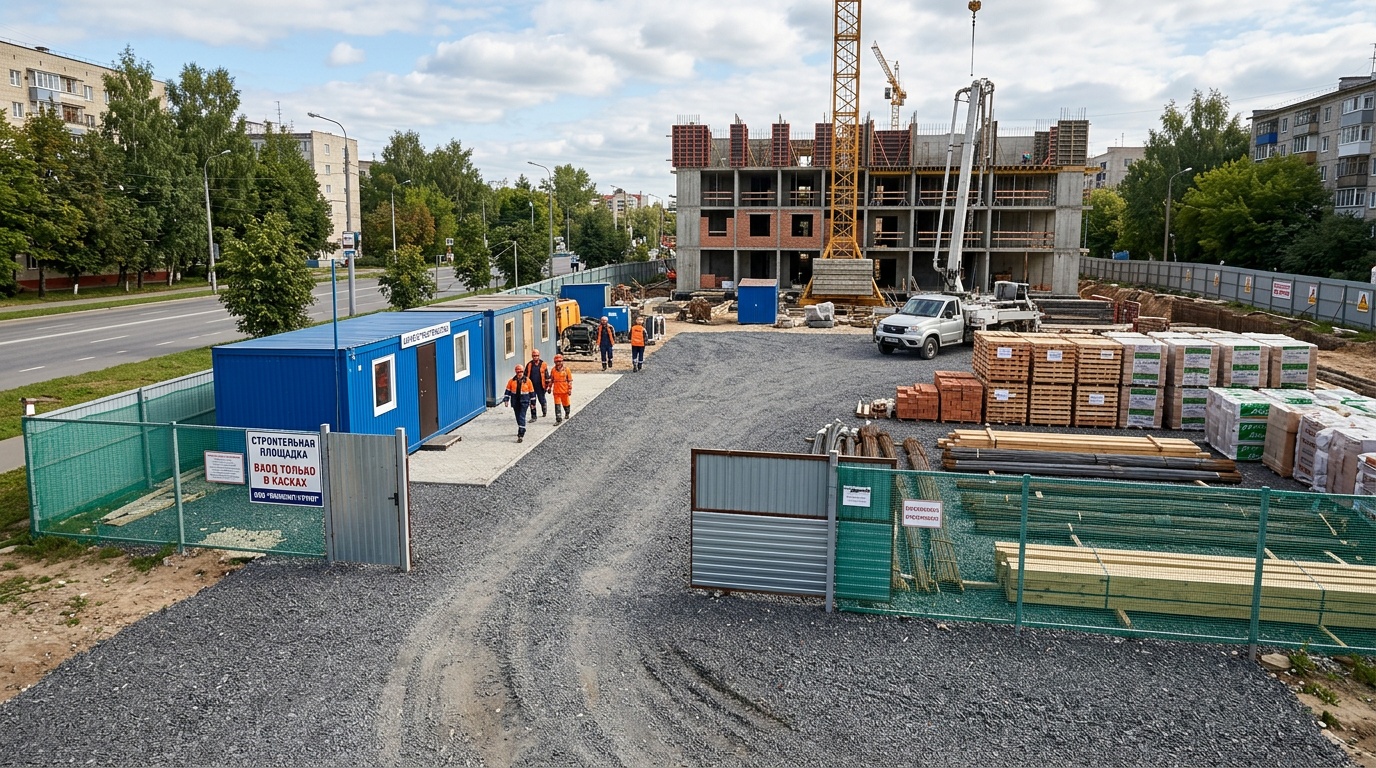 организованная строительная площадка — временный въезд из щебня, бытовка, забор из строительной сетки, аккуратно сложенные материалы, чистая площадка, реалистичная атмосфера
