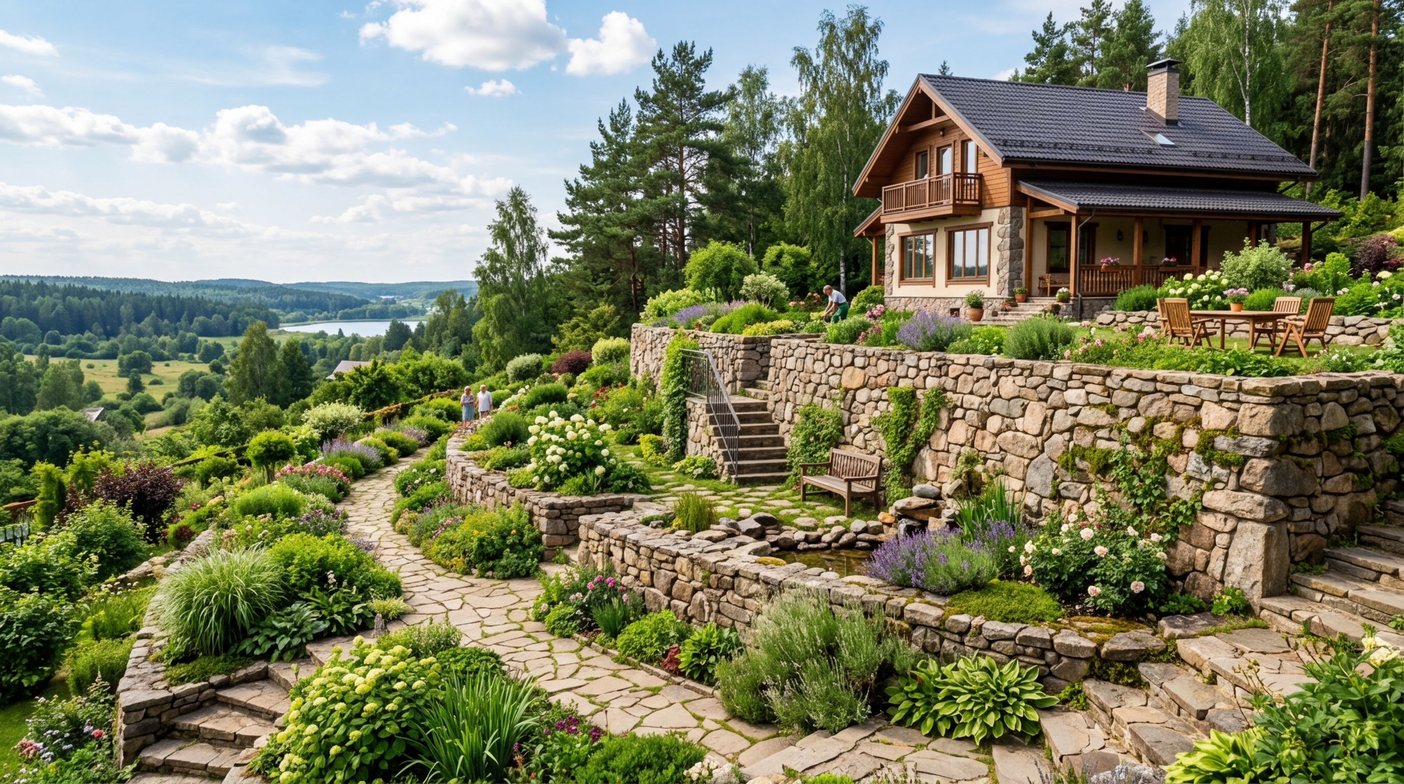 красиво террасированный участок с подпорными стенками из натурального камня, зелёные ярусы, загородный дом на верхнем ярусе, летний солнечный день