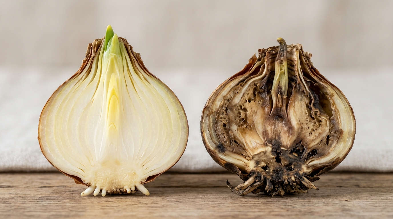 крупный план здоровой луковицы нарцисса в разрезе рядом с поражённой, наглядное сравнение, нейтральный фон