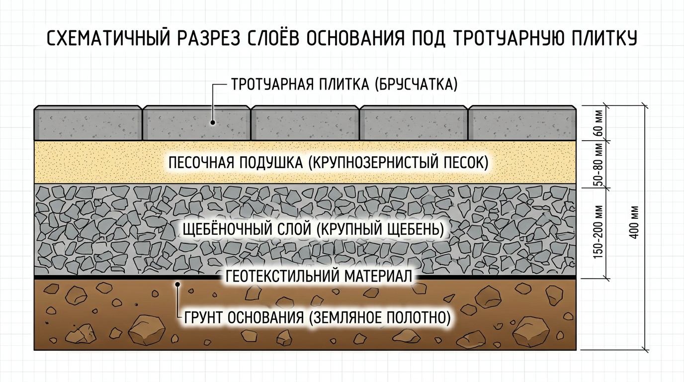 схематичный разрез слоёв основания тротуарной плитки: грунт внизу, затем геотекстиль, щебёночный слой, песочная подушка и плитка сверху — с подписями каждого слоя на русском, светлый технический фон