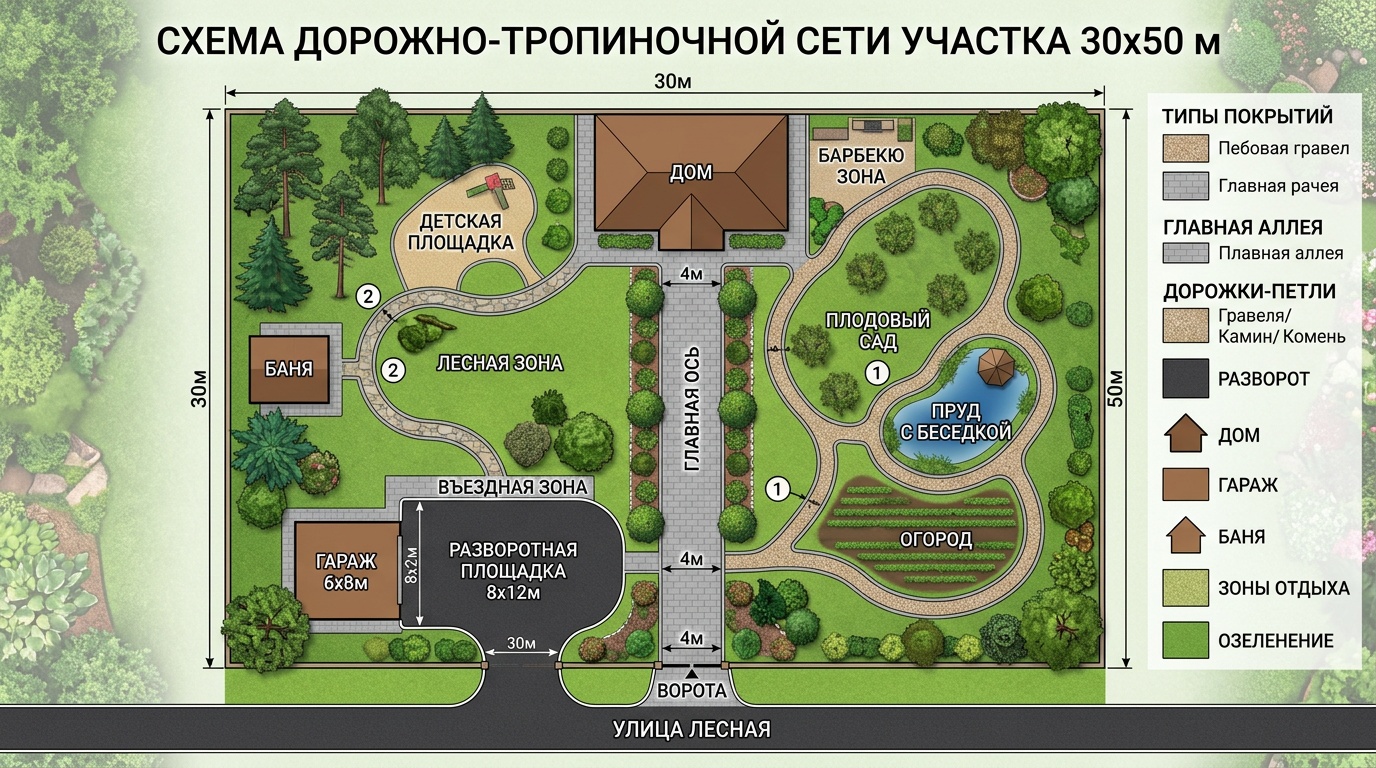 схема дорожно-тропиночной сети участка 30×50 м — главная ось от ворот к дому, второстепенные дорожки-петли, въездная зона с разворотной площадкой, вид сверху, инфографика