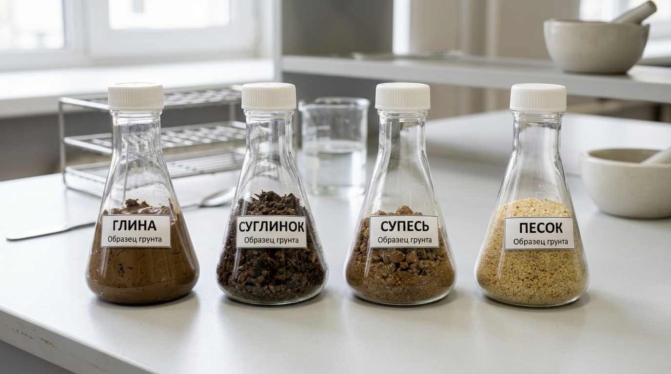 четыре колбы с образцами грунта рядом — глина, суглинок, супесь, песок, на белом лабораторном столе, образовательная съёмка