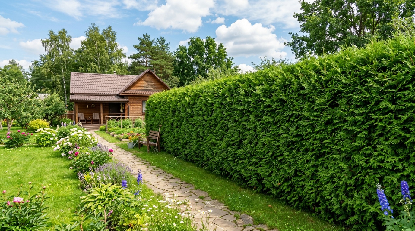 взрослая живая изгородь из туи Брабант высотой около 2 метров, лето, плотная зелёная стена, дача