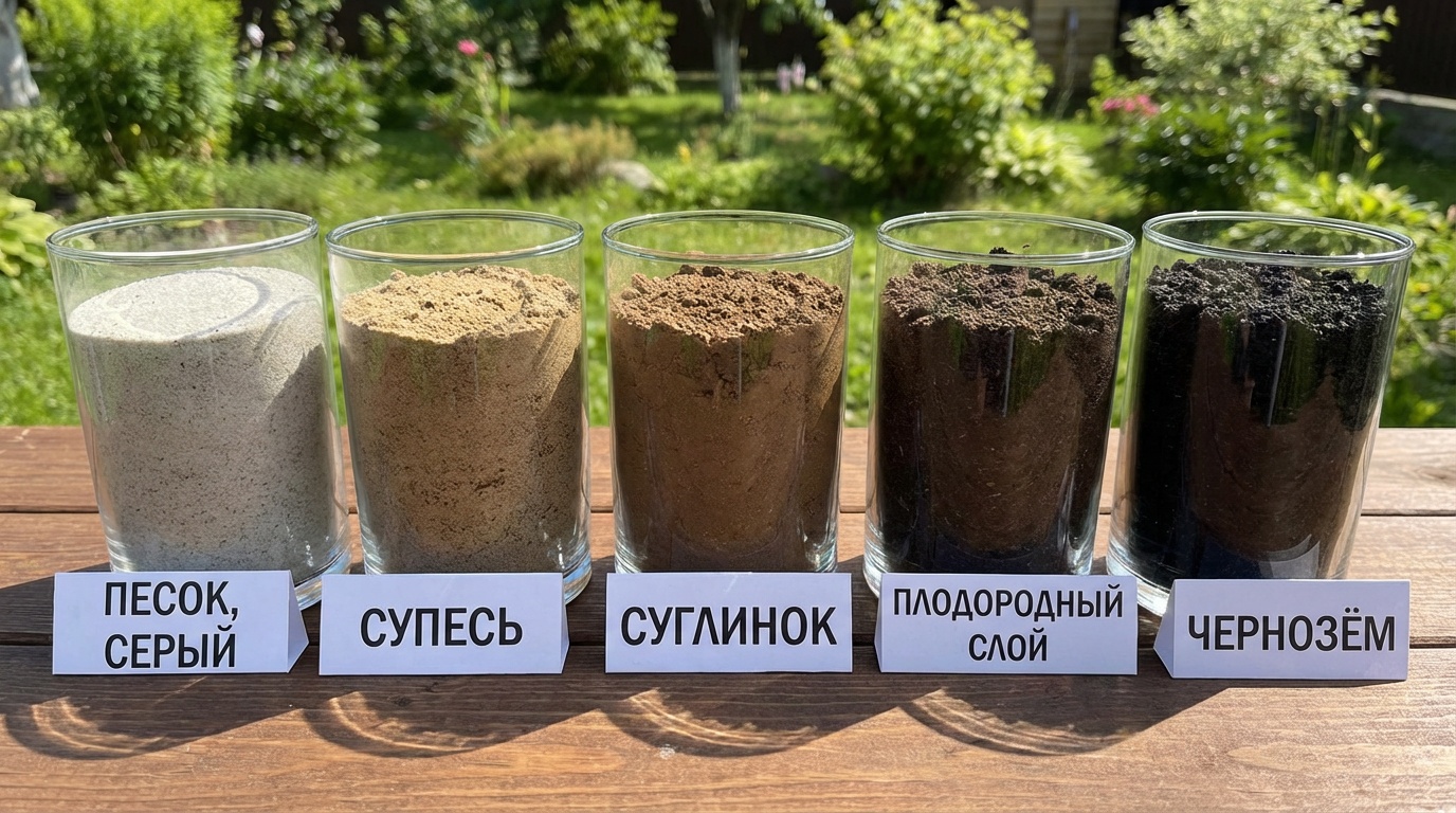 сравнение пяти образцов почвы в прозрачных контейнерах — от светло-серого песка до чёрного чернозёма, подписи под каждым, дневной свет