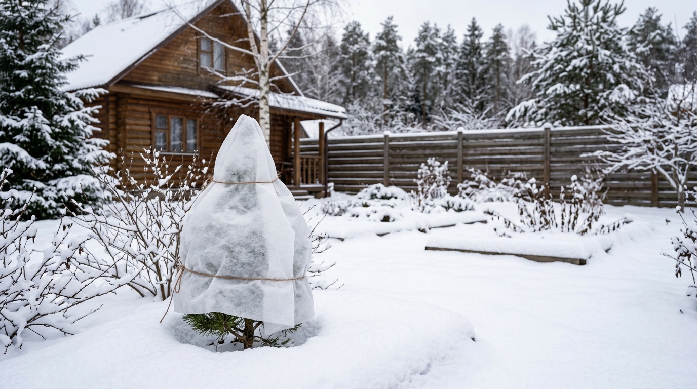 Молодая карликовая сосна укрыта белым агроволокном на зиму, вокруг снег, деревянный дачный участок, тихий зимний день