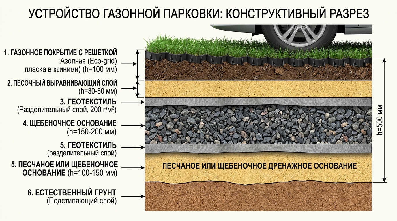 Разрез «пирога» основания газонной парковки: слои щебня, геотекстиля и песка видны в поперечном сечении, строительный срез, дидактический стиль