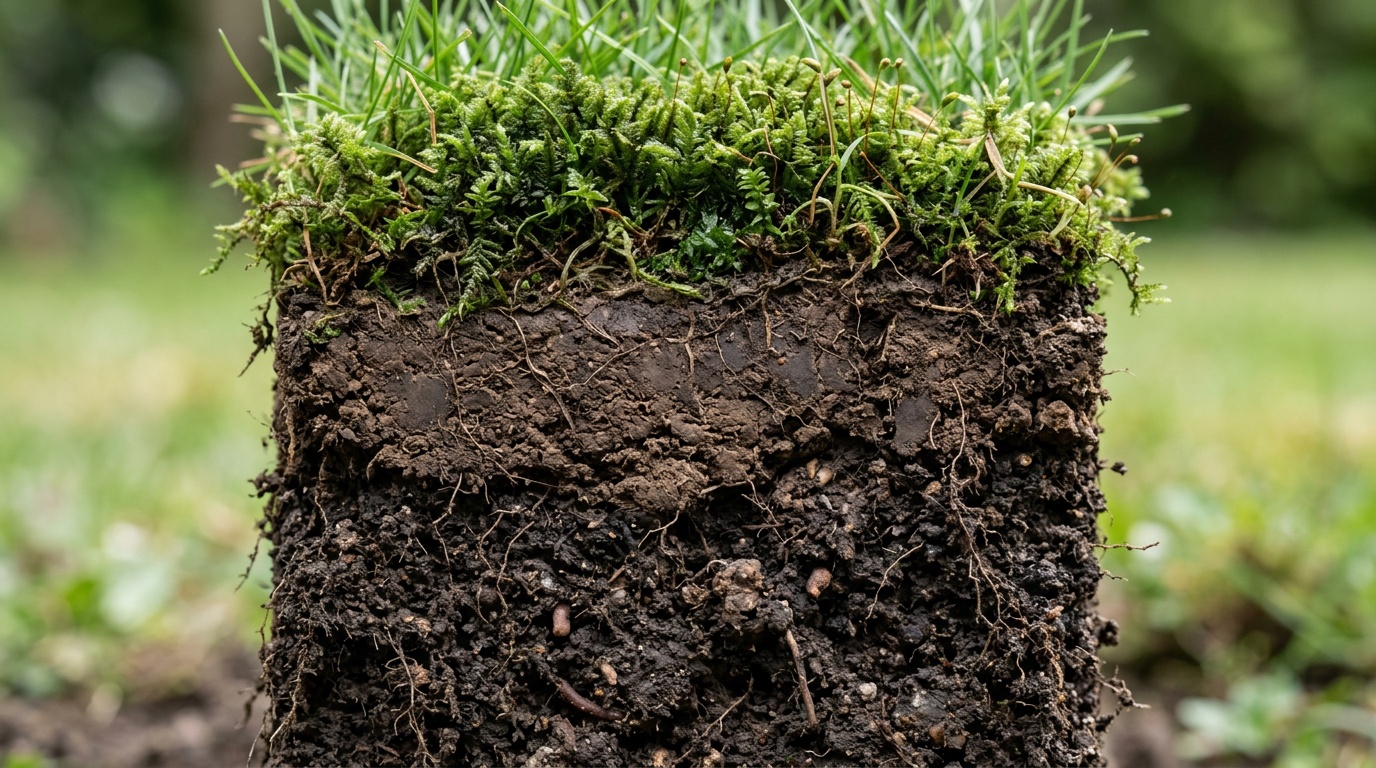 Вертикальный срез газонной почвы с уплотнённым слоем у поверхности и слоем мха, макросъёмка, деловой натуральный свет