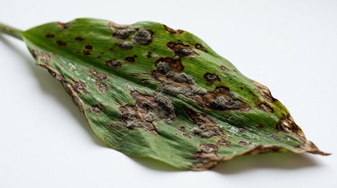 Крупный план листа ландыша с характерными бурыми пятнами серой гнили, натуральное освещение, белый фон