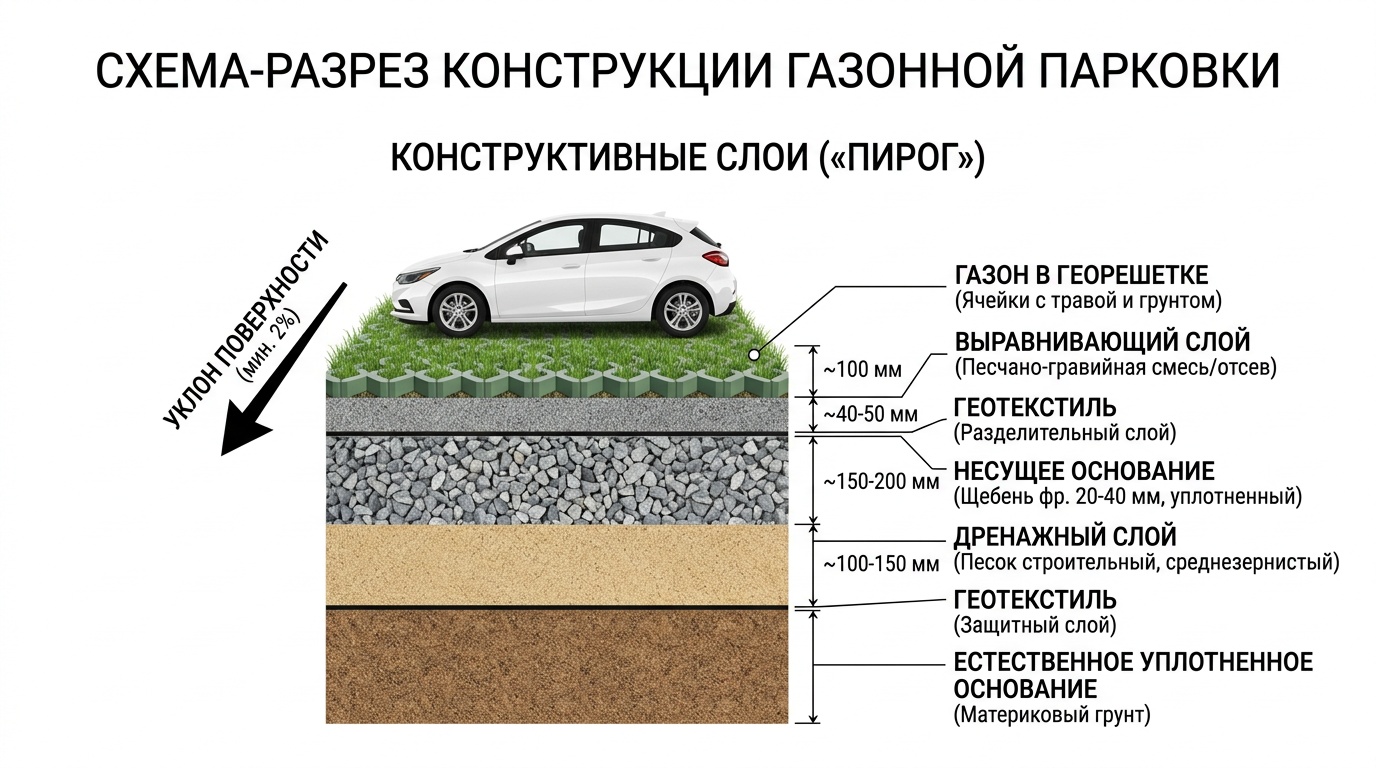 Схема-разрез слоёв «пирога» газонной парковки со стрелкой уклона, минималистичная инфографика на белом фоне, подписи слоёв